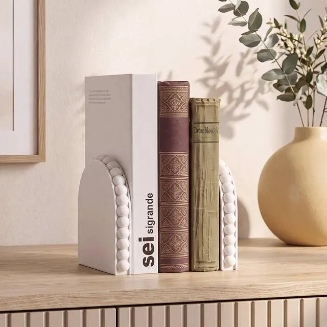 Alt view image 4 of 6 - 2 Pcs Decorative White Beaded Bookends for Shelves, 5.5 Inch Solid Beech Wood Heavy Book End with Boho Bead Trim, Book Stopper for Home Office Library Back to School, Farmhouse Bohemian Decor