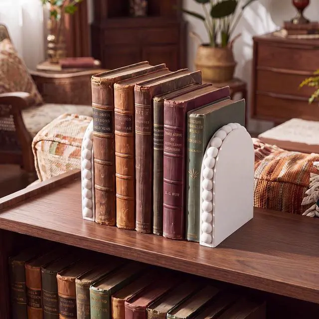 Alt view image 6 of 6 - 2 Pcs Decorative White Beaded Bookends for Shelves, 5.5 Inch Solid Beech Wood Heavy Book End with Boho Bead Trim, Book Stopper for Home Office Library Back to School, Farmhouse Bohemian Decor