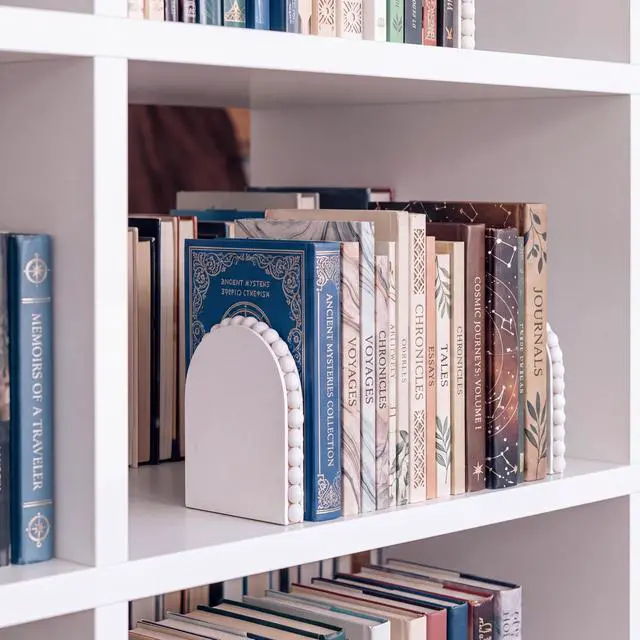Alt view image 5 of 6 - 2 Pcs Decorative White Beaded Bookends for Shelves, 5.5 Inch Solid Beech Wood Heavy Book End with Boho Bead Trim, Book Stopper for Home Office Library Back to School, Farmhouse Bohemian Decor