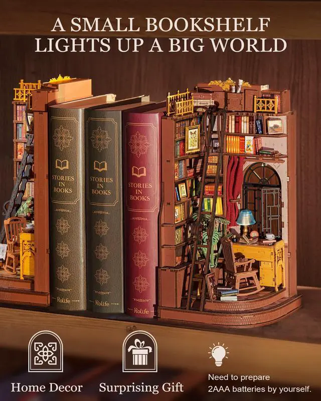 Alt view image 3 of 7 - DIY Book Nook Kit Silent Corner Study, 3D Puzzles Creative British Bookend Bookshelf Decor for Adults, Tiny House Miniature Kits Model Building Kits, DIY Crafts/Gifts for Teens & Book Lovers