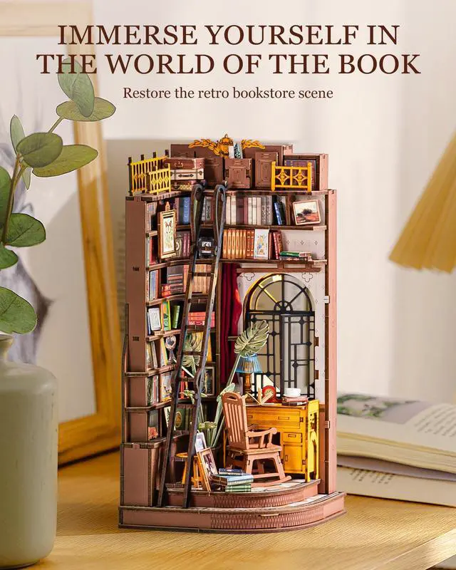 Alt view image 4 of 7 - DIY Book Nook Kit Silent Corner Study, 3D Puzzles Creative British Bookend Bookshelf Decor for Adults, Tiny House Miniature Kits Model Building Kits, DIY Crafts/Gifts for Teens & Book Lovers