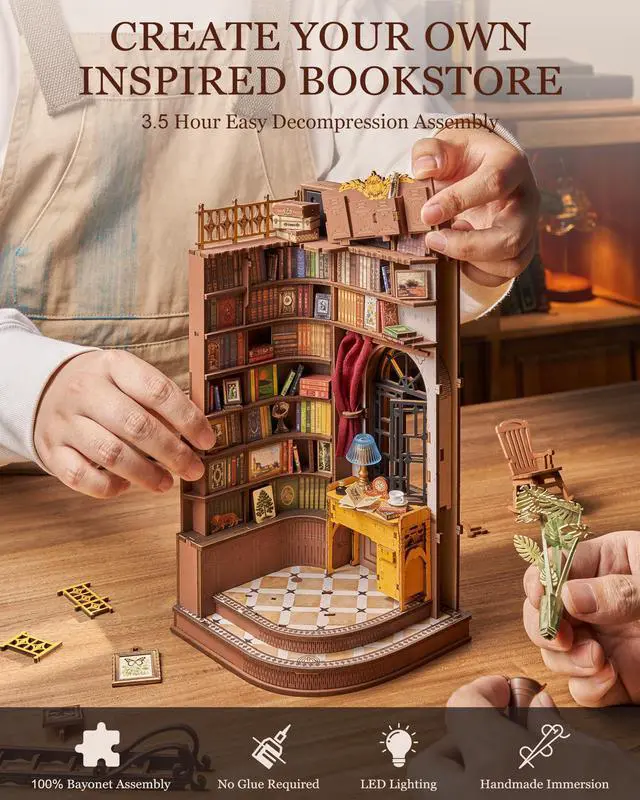 Alt view image 6 of 7 - DIY Book Nook Kit Silent Corner Study, 3D Puzzles Creative British Bookend Bookshelf Decor for Adults, Tiny House Miniature Kits Model Building Kits, DIY Crafts/Gifts for Teens & Book Lovers