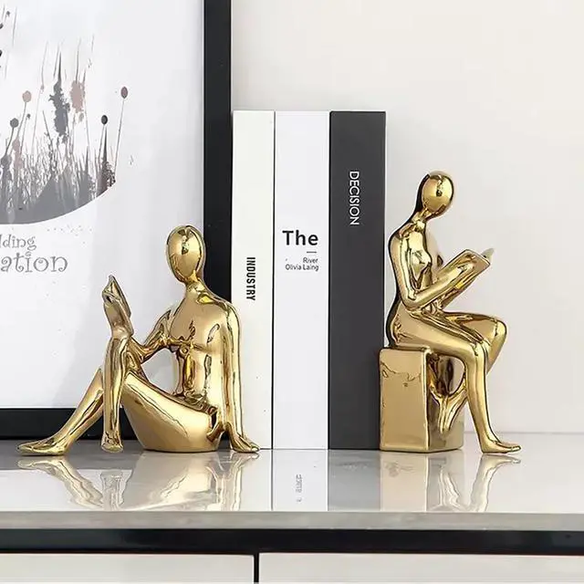 Alt view image 2 of 7 - Decorative Bookends, Ceramic Book Ends for Shelves, Home Office Decor | Aesthetic Book Stopper Reading Book Holders Statues for Bookshelf Bedroom Living Room Decoration (Glod)