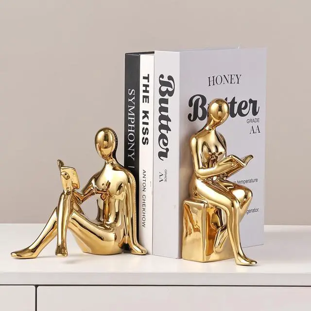 Alt view image 3 of 7 - Decorative Bookends, Ceramic Book Ends for Shelves, Home Office Decor | Aesthetic Book Stopper Reading Book Holders Statues for Bookshelf Bedroom Living Room Decoration (Glod)