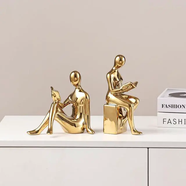 Alt view image 4 of 7 - Decorative Bookends, Ceramic Book Ends for Shelves, Home Office Decor | Aesthetic Book Stopper Reading Book Holders Statues for Bookshelf Bedroom Living Room Decoration (Glod)