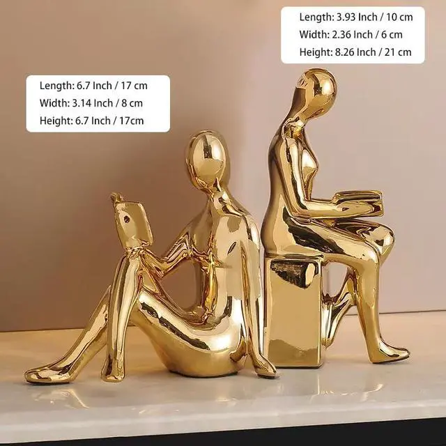 Alt view image 5 of 7 - Decorative Bookends, Ceramic Book Ends for Shelves, Home Office Decor | Aesthetic Book Stopper Reading Book Holders Statues for Bookshelf Bedroom Living Room Decoration (Glod)