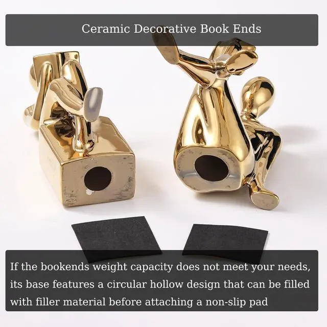 Alt view image 6 of 7 - Decorative Bookends, Ceramic Book Ends for Shelves, Home Office Decor | Aesthetic Book Stopper Reading Book Holders Statues for Bookshelf Bedroom Living Room Decoration (Glod)