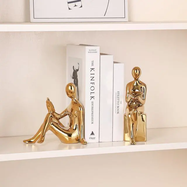 Alt view image 7 of 7 - Decorative Bookends, Ceramic Book Ends for Shelves, Home Office Decor | Aesthetic Book Stopper Reading Book Holders Statues for Bookshelf Bedroom Living Room Decoration (Glod)