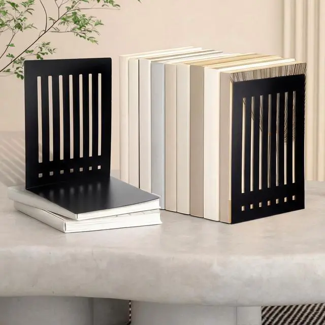 Alt view image 2 of 7 - 4 Pcs 10 Inch Heavy Duty Bookends Non-Skid Base Large Heavy Duty Book Ends Stopper for Office Books Vinyl Records Shelves Binders (Black)