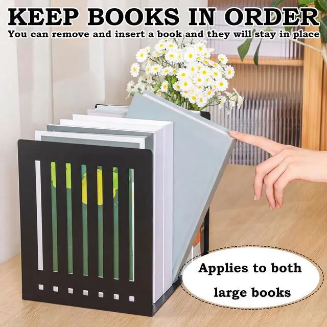 Alt view image 3 of 7 - 4 Pcs 10 Inch Heavy Duty Bookends Non-Skid Base Large Heavy Duty Book Ends Stopper for Office Books Vinyl Records Shelves Binders (Black)