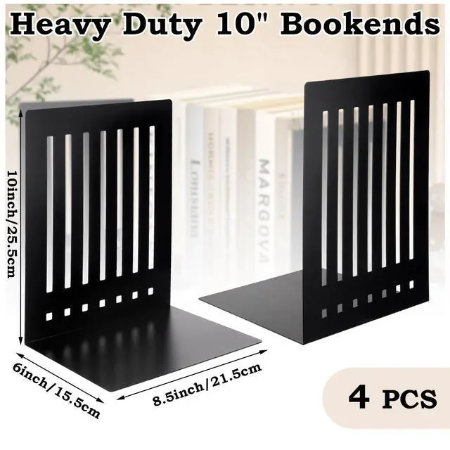 Alt view image 4 of 7 - 4 Pcs 10 Inch Heavy Duty Bookends Non-Skid Base Large Heavy Duty Book Ends Stopper for Office Books Vinyl Records Shelves Binders (Black)