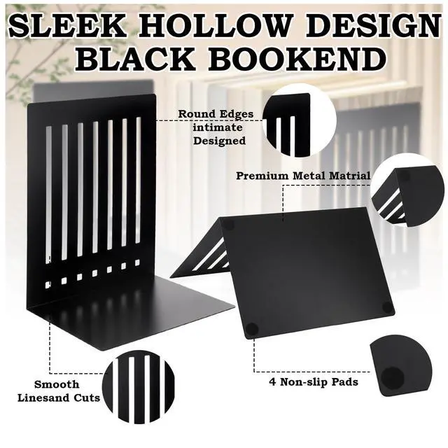 Alt view image 5 of 7 - 4 Pcs 10 Inch Heavy Duty Bookends Non-Skid Base Large Heavy Duty Book Ends Stopper for Office Books Vinyl Records Shelves Binders (Black)