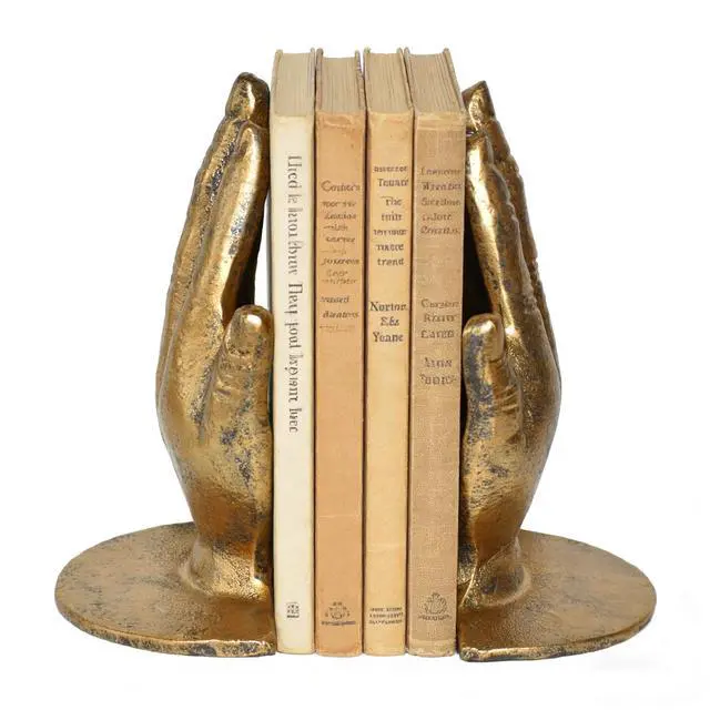 Main image of Hand Bookends Decorative, Heavy Duty Cast Iron Book Holder, Prayer Hand Book Ends for Shelves Living Room Home Decor Office, Antique Gold, 1 Pair/2Pieces
