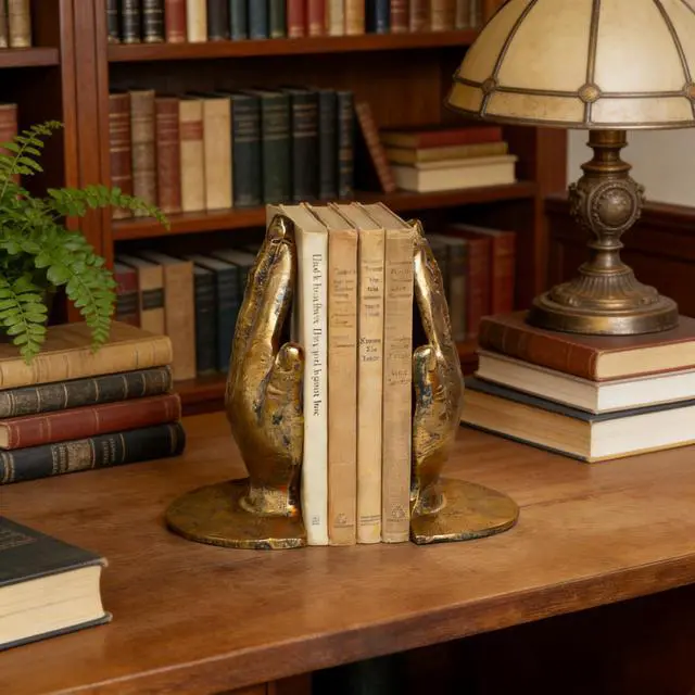 Alt view image 2 of 6 - Hand Bookends Decorative, Heavy Duty Cast Iron Book Holder, Prayer Hand Book Ends for Shelves Living Room Home Decor Office, Antique Gold, 1 Pair/2Pieces