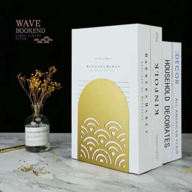 Main image of Ukiyoe Auspicious Clouds Bookends for Books,1 Pair Metal Wavy Pattern Book Holders for Office Shelves Adults Gift(Gold)