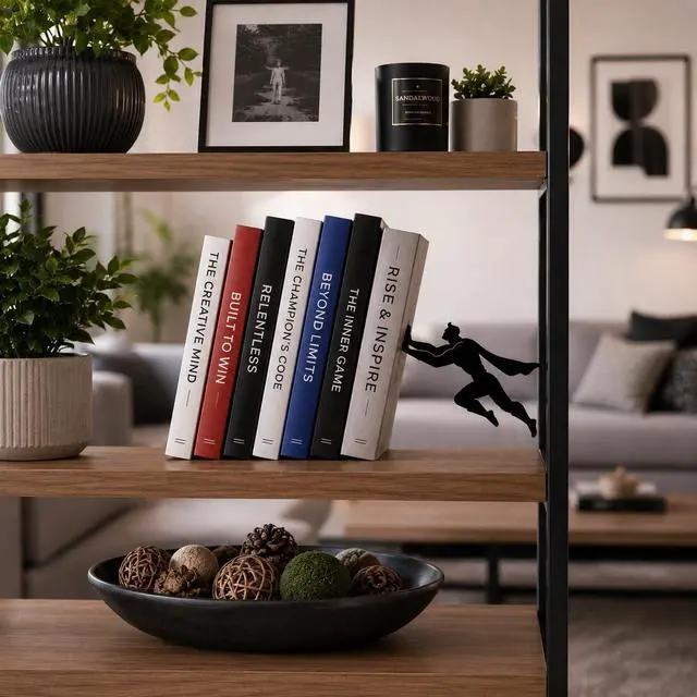Alt view image 6 of 6 - Stylish Metal Bookend in Black - Book Holder for Any Angle, Shelf, Desk, Desk - Decorative Book Organiser Book Holder - The Coolest Gift Idea (Superhero)