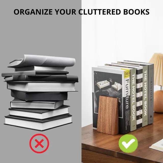 Alt view image 6 of 7 - Muso Wood Book Ends, Thickened Wooden Bookends for Heavy Books, Creative Decorative Bookends for Shelves, Non-Skid Book Ends, Handmade Acacia Wood Bookends | Thickened Non-Skid Design