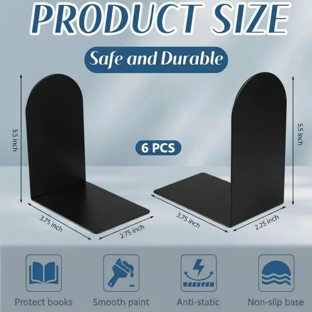 Alt view image 2 of 7 - 6 Pcs Modern Metal Book Ends for Shelves Small Bookends Book Shelf Organizer Minimalist Design Stopper to Hold Books for Home Office (Black, 5.5 * 3.75 * 2.25inch)