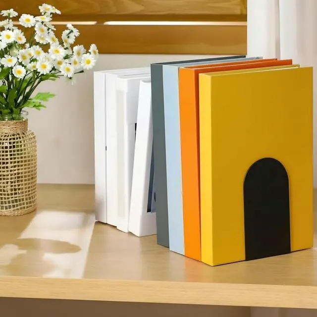 Alt view image 4 of 7 - 6 Pcs Modern Metal Book Ends for Shelves Small Bookends Book Shelf Organizer Minimalist Design Stopper to Hold Books for Home Office (Black, 5.5 * 3.75 * 2.25inch)