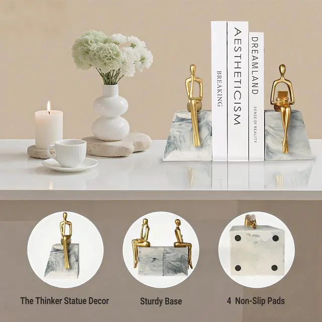 Alt view image 2 of 7 - Book Ends for Shelves to Hold Books,Heavy Duty Thinker Abstract Statue | Decorative Bookends for Home Office Bookshelf, Gift for Book Lovers,1 Pair