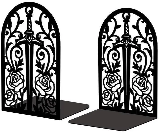 Main image of 5.3"x4.3"x7.9" Metal Bookends, Heavy Duty Book Ends for Shelves | Sword with Vine and Rose Theme Cast Iron Book Supports, 1 Pair Decor Stoppers for Desk, Library, Office & Home Shelves