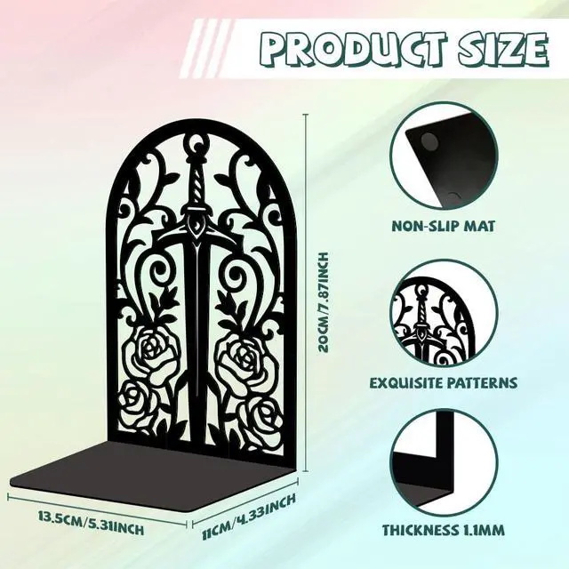 Alt view image 2 of 7 - 5.3"x4.3"x7.9" Metal Bookends, Heavy Duty Book Ends for Shelves | Sword with Vine and Rose Theme Cast Iron Book Supports, 1 Pair Decor Stoppers for Desk, Library, Office & Home Shelves