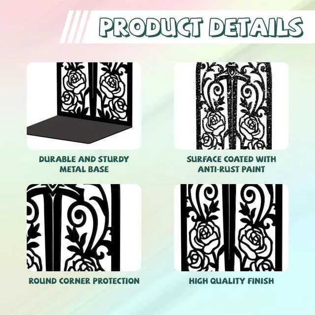 Alt view image 3 of 7 - 5.3"x4.3"x7.9" Metal Bookends, Heavy Duty Book Ends for Shelves | Sword with Vine and Rose Theme Cast Iron Book Supports, 1 Pair Decor Stoppers for Desk, Library, Office & Home Shelves