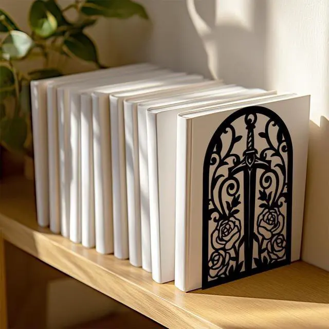 Alt view image 4 of 7 - 5.3"x4.3"x7.9" Metal Bookends, Heavy Duty Book Ends for Shelves | Sword with Vine and Rose Theme Cast Iron Book Supports, 1 Pair Decor Stoppers for Desk, Library, Office & Home Shelves