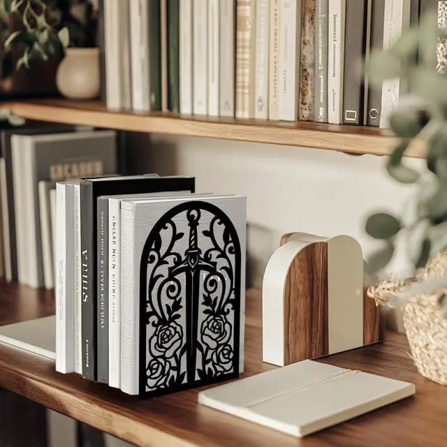 Alt view image 5 of 7 - 5.3"x4.3"x7.9" Metal Bookends, Heavy Duty Book Ends for Shelves | Sword with Vine and Rose Theme Cast Iron Book Supports, 1 Pair Decor Stoppers for Desk, Library, Office & Home Shelves