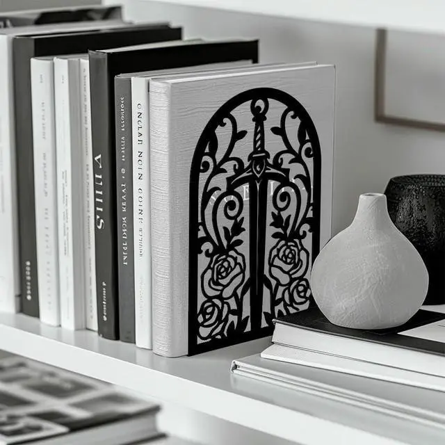 Alt view image 6 of 7 - 5.3"x4.3"x7.9" Metal Bookends, Heavy Duty Book Ends for Shelves | Sword with Vine and Rose Theme Cast Iron Book Supports, 1 Pair Decor Stoppers for Desk, Library, Office & Home Shelves