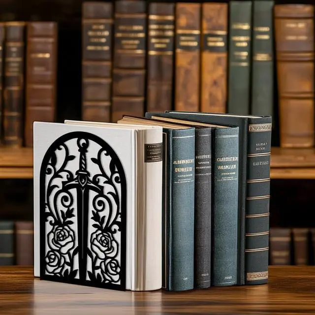 Alt view image 7 of 7 - 5.3"x4.3"x7.9" Metal Bookends, Heavy Duty Book Ends for Shelves | Sword with Vine and Rose Theme Cast Iron Book Supports, 1 Pair Decor Stoppers for Desk, Library, Office & Home Shelves