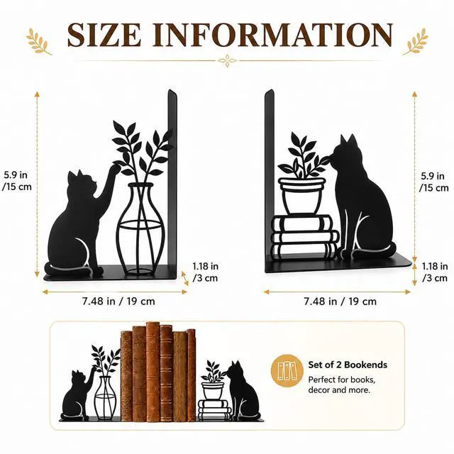 Alt view image 2 of 6 - Decorative Cat Bookends, Metal Book Ends for Shelves - Cute Modern Cat Shape Bookend Holder for Bookshelf, Home Office Desk Decor, for Cat Lovers & Reading Enthusiasts