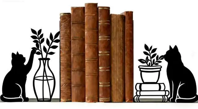 Main image of Decorative Cat Bookends, Metal Book Ends for Shelves - Cute Modern Cat Shape Bookend Holder for Bookshelf, Home Office Desk Decor, for Cat Lovers & Reading Enthusiasts