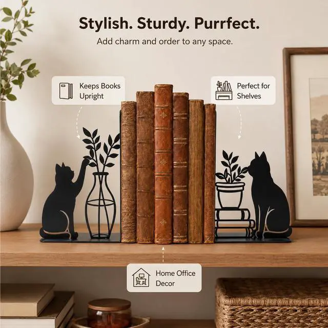 Alt view image 3 of 6 - Decorative Cat Bookends, Metal Book Ends for Shelves - Cute Modern Cat Shape Bookend Holder for Bookshelf, Home Office Desk Decor, for Cat Lovers & Reading Enthusiasts