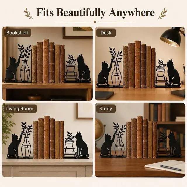 Alt view image 5 of 6 - Decorative Cat Bookends, Metal Book Ends for Shelves - Cute Modern Cat Shape Bookend Holder for Bookshelf, Home Office Desk Decor, for Cat Lovers & Reading Enthusiasts