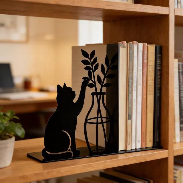 Alt view image 4 of 6 - Decorative Cat Bookends, Metal Book Ends for Shelves - Cute Modern Cat Shape Bookend Holder for Bookshelf, Home Office Desk Decor, for Cat Lovers & Reading Enthusiasts