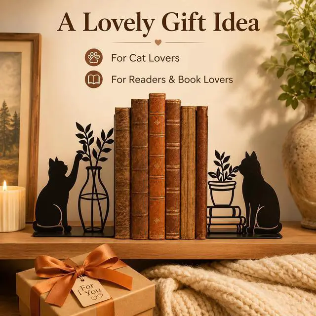 Alt view image 6 of 6 - Decorative Cat Bookends, Metal Book Ends for Shelves - Cute Modern Cat Shape Bookend Holder for Bookshelf, Home Office Desk Decor, for Cat Lovers & Reading Enthusiasts