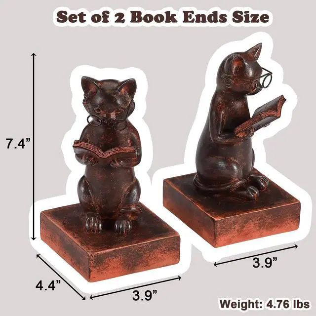 Alt view image 3 of 7 - Cat Decorative Bookends, Set of 2 Book Ends for Heavy Books | Vintage Cat Meditation Book Stopper for Shelves | Heavy Duty Book Ends for Home Office Deck Shelf Library