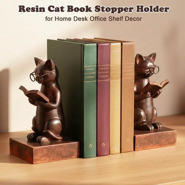 Alt view image 6 of 7 - Cat Decorative Bookends, Set of 2 Book Ends for Heavy Books | Vintage Cat Meditation Book Stopper for Shelves | Heavy Duty Book Ends for Home Office Deck Shelf Library
