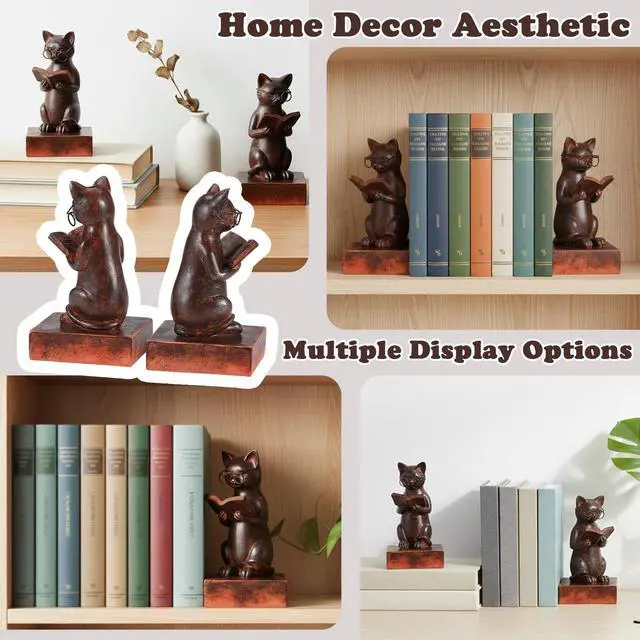 Alt view image 7 of 7 - Cat Decorative Bookends, Set of 2 Book Ends for Heavy Books | Vintage Cat Meditation Book Stopper for Shelves | Heavy Duty Book Ends for Home Office Deck Shelf Library