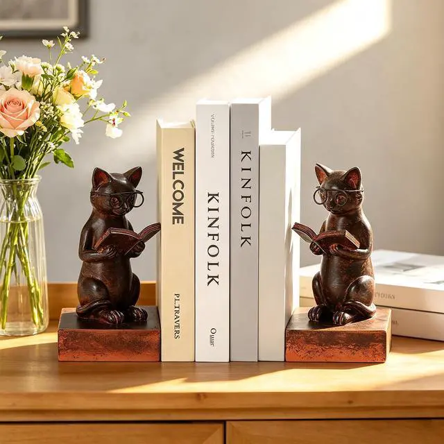 Alt view image 2 of 7 - Cat Decorative Bookends, Set of 2 Book Ends for Heavy Books | Vintage Cat Meditation Book Stopper for Shelves | Heavy Duty Book Ends for Home Office Deck Shelf Library
