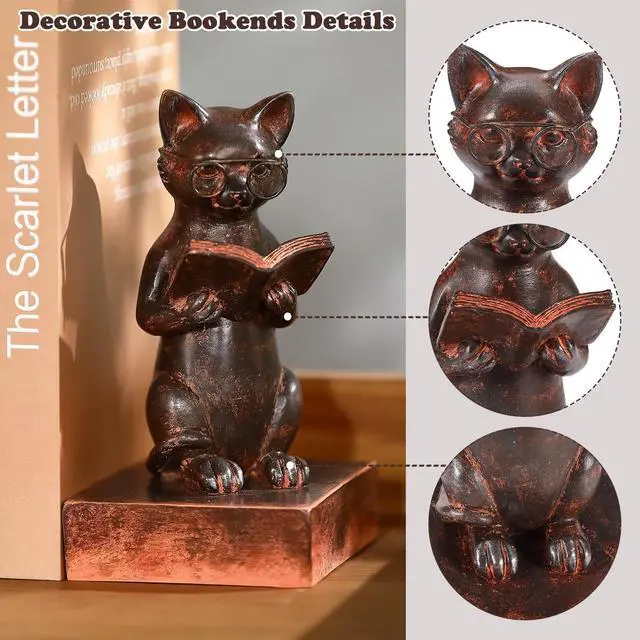 Alt view image 5 of 7 - Cat Decorative Bookends, Set of 2 Book Ends for Heavy Books | Vintage Cat Meditation Book Stopper for Shelves | Heavy Duty Book Ends for Home Office Deck Shelf Library