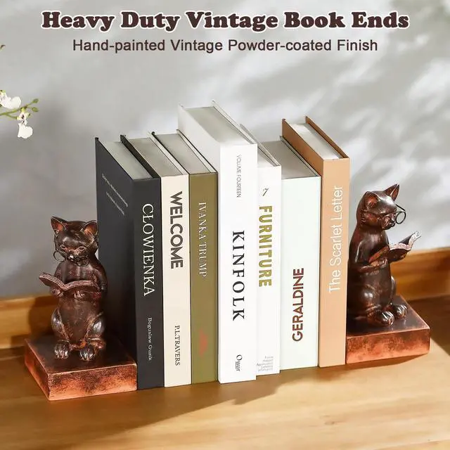 Alt view image 4 of 7 - Cat Decorative Bookends, Set of 2 Book Ends for Heavy Books | Vintage Cat Meditation Book Stopper for Shelves | Heavy Duty Book Ends for Home Office Deck Shelf Library