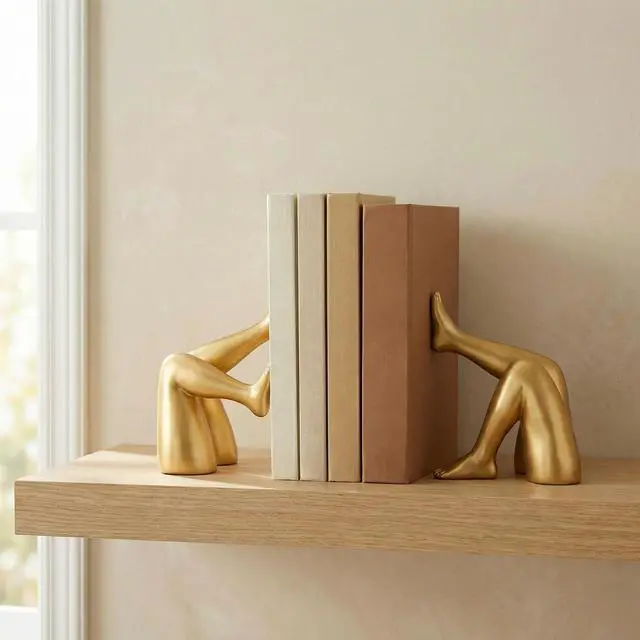 Main image of Minimalist Leg Sculpture Bookends for Shelves, Decorative Gold Book Ends, Modern Aesthetic Bookshelf Decor, Resin Book Stoppers for Home Office/Library Decoration