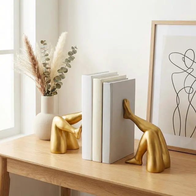 Alt view image 2 of 7 - Minimalist Leg Sculpture Bookends for Shelves, Decorative Gold Book Ends, Modern Aesthetic Bookshelf Decor, Resin Book Stoppers for Home Office/Library Decoration