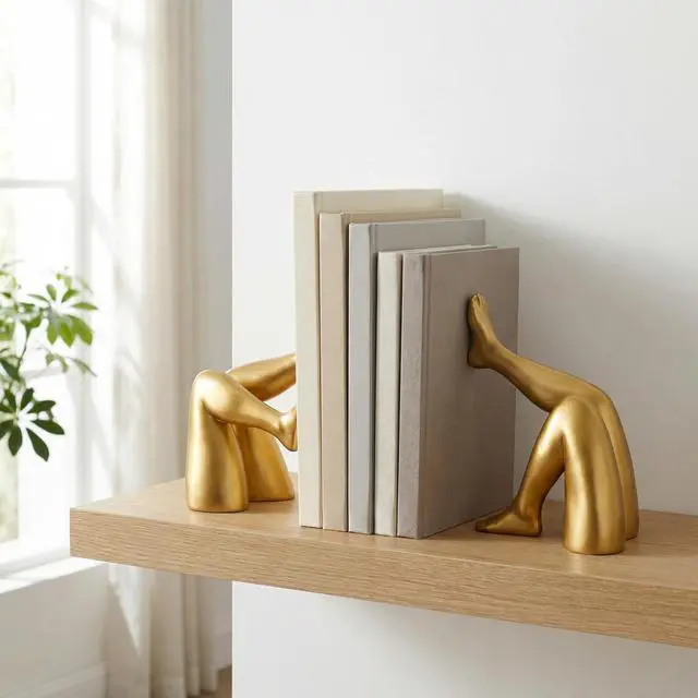 Alt view image 3 of 7 - Minimalist Leg Sculpture Bookends for Shelves, Decorative Gold Book Ends, Modern Aesthetic Bookshelf Decor, Resin Book Stoppers for Home Office/Library Decoration