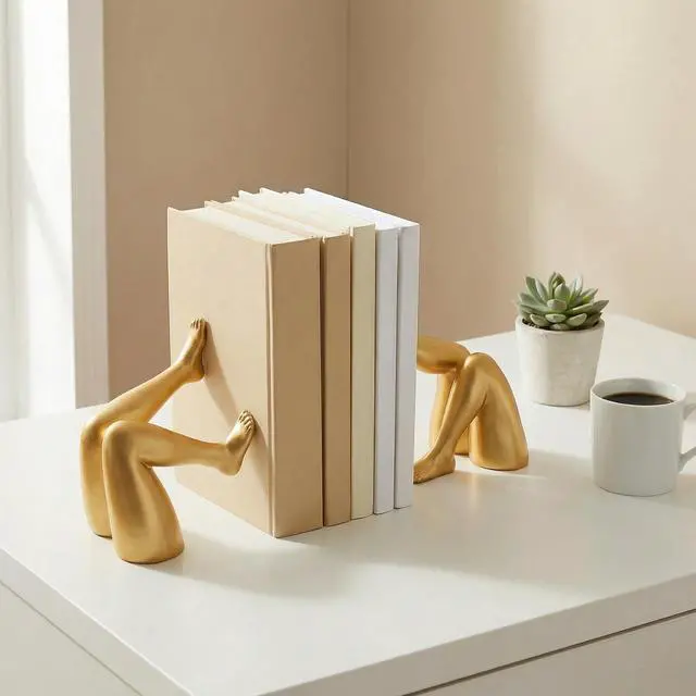 Alt view image 5 of 7 - Minimalist Leg Sculpture Bookends for Shelves, Decorative Gold Book Ends, Modern Aesthetic Bookshelf Decor, Resin Book Stoppers for Home Office/Library Decoration