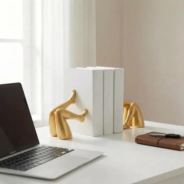 Alt view image 6 of 7 - Minimalist Leg Sculpture Bookends for Shelves, Decorative Gold Book Ends, Modern Aesthetic Bookshelf Decor, Resin Book Stoppers for Home Office/Library Decoration