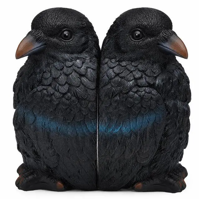 Main image of Gothic Raven Crow Bookends Pair, Vintage Dark Style Sculpture Book Stopper, Raven Book Holder Figurine, Macabre Art Statue Decor for Shelf Desktop Home Office Halloween Ornament Gift