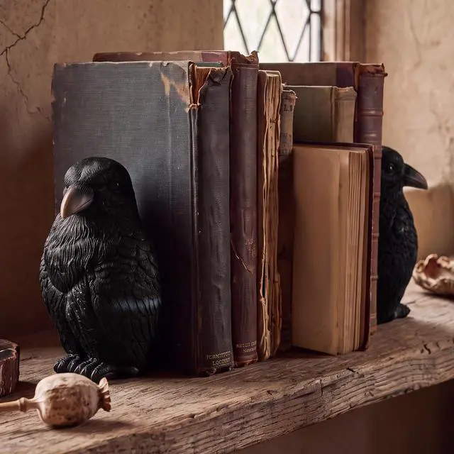 Alt view image 4 of 7 - Gothic Raven Crow Bookends Pair, Vintage Dark Style Sculpture Book Stopper, Raven Book Holder Figurine, Macabre Art Statue Decor for Shelf Desktop Home Office Halloween Ornament Gift